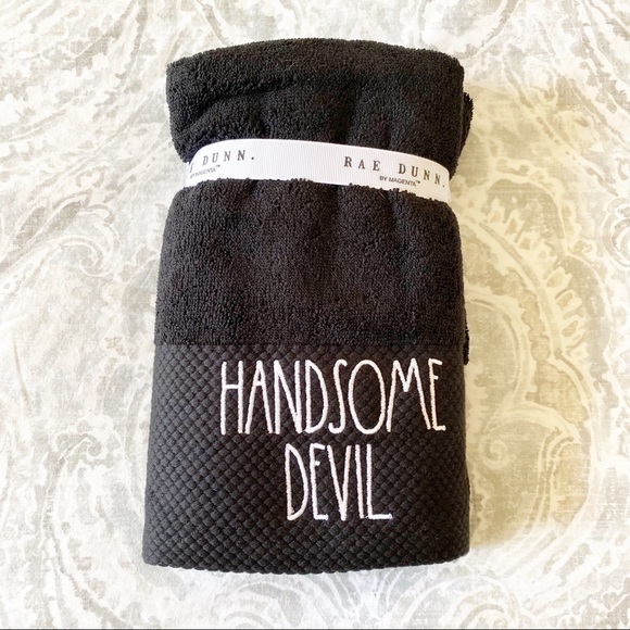 RAE DUNN Wicked Witch & Handsome Devil Hand Towel Set Black White Embroidered - Picture 4 of 6